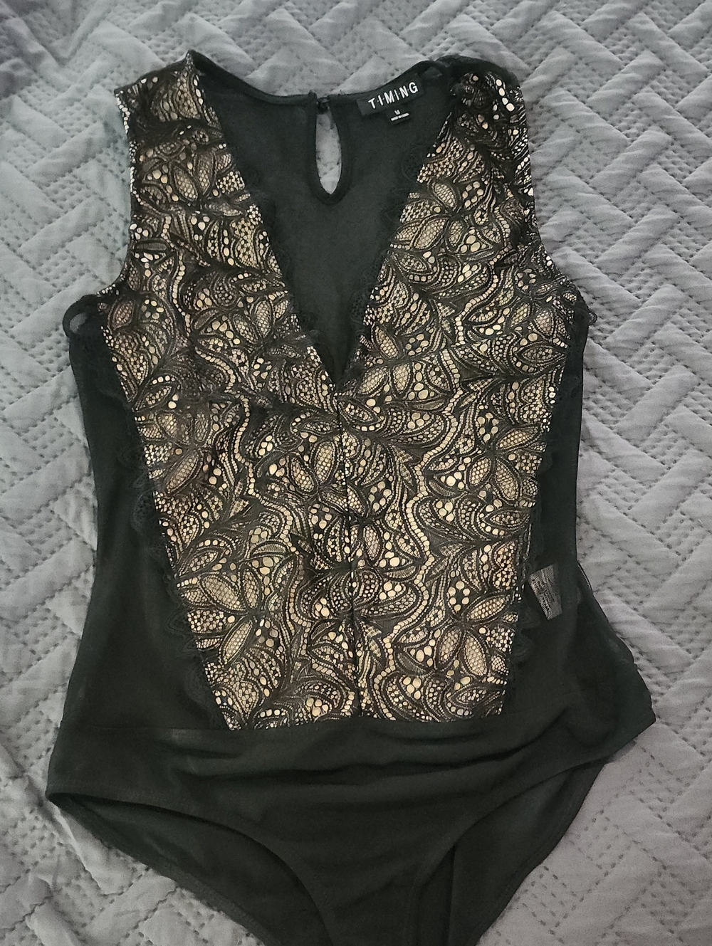 TIMING Black Bodysuit with Gold Lace V-Front
